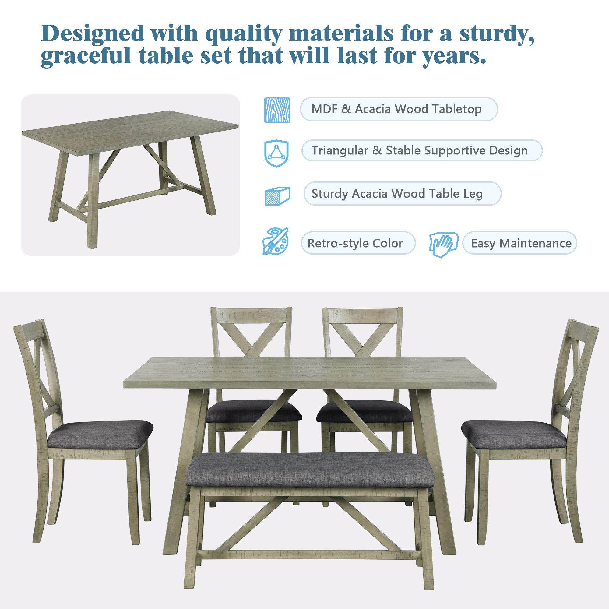 Actual Solid Wood Kitchen Dining Room Set for Dining Kitchen Room, 6 Piece Dining Table Set Dining Table and Chair, 1 Bench and 4 Chairs, Rustic Style, Grey, Dining table: 60 x 36 x 29.9 inches