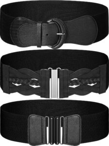 geyoga 3 pack women's wide elastic waist belt for dress black vintage stretch waistband cinch belt, 3 styles, 28.7-37.0 in