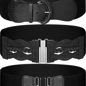 Geyoga 3 Pack Women's Wide Elastic Waist Belt for Dress Black Vintage Stretch Waistband Cinch Belt, 3 Styles, 28.7-37.0 in