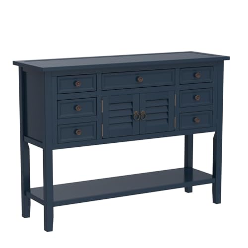 Actual Solid Wood Console, Sofa Table, Modern Entryway Hall W/with 7 Drawers, 1 Cabinet and Shelf, Side for Living Room, Bedrooms Hallway, Easy to Assemble (Blue), 45.3x15x33.7 in