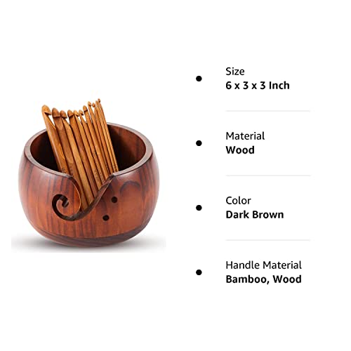 Wooden Yarn Bowl Crocheting Bowl Round Knitting Wool Storage Yarn Bowl Handmade with Holes 12 Pieces Crochet Hooks for Crocheting Knitting DIY Crafts Tools (Dark Brown,6 x 3 x 3 Inch)