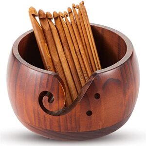 wooden yarn bowl crocheting bowl round knitting wool storage yarn bowl handmade with holes 12 pieces crochet hooks for crocheting knitting diy crafts tools (dark brown,6 x 3 x 3 inch)