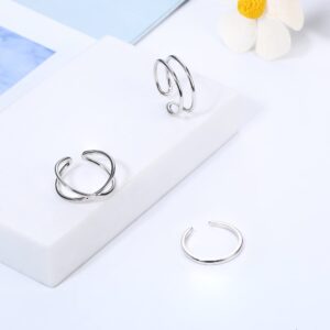 PATISORNA 3Pcs 925 Sterling Silver Open Adjustable Rings for Women Men Minimalist X Cross Arrow Heart Moon&Star Paperclip Rings Stackable Thumb Knuckle Simple Rings Set Size 6-9