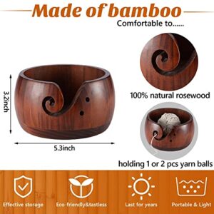 Wooden Yarn Bowl Crocheting Bowl Round Knitting Wool Storage Yarn Bowl Handmade with Holes 12 Pieces Crochet Hooks for Crocheting Knitting DIY Crafts Tools (Dark Brown,6 x 3 x 3 Inch)