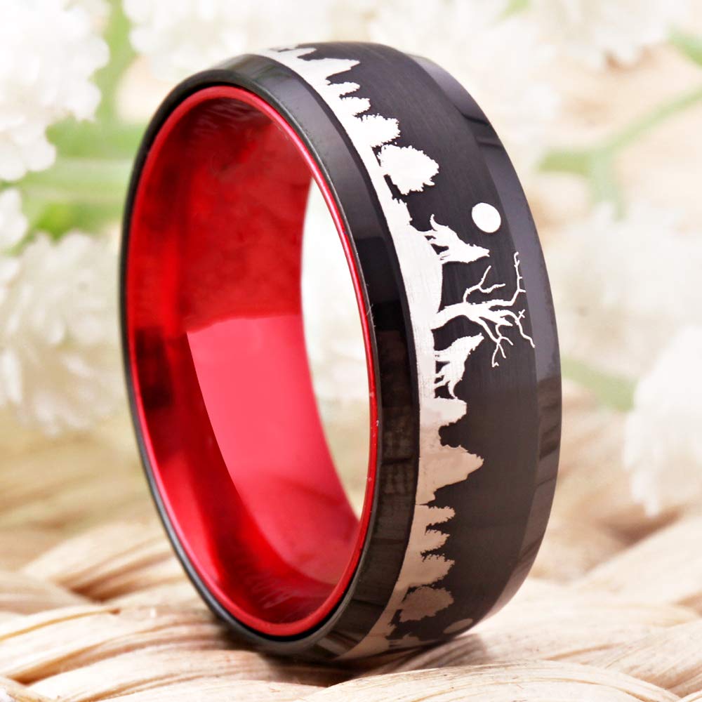 Howling Wolf Wolves Landscape Scene Tungsten Ring 8MM Width Matte Finished Beveled Edges Wedding Band -Free Customer Engraving (9.5)