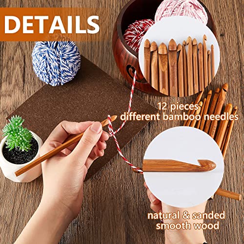 Wooden Yarn Bowl Crocheting Bowl Round Knitting Wool Storage Yarn Bowl Handmade with Holes 12 Pieces Crochet Hooks for Crocheting Knitting DIY Crafts Tools (Dark Brown,6 x 3 x 3 Inch)