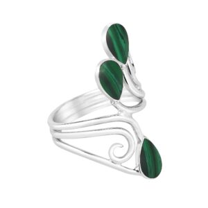 Floral Vine Ornate Teardrop Green Malachite Sterling Silver Ring (10)