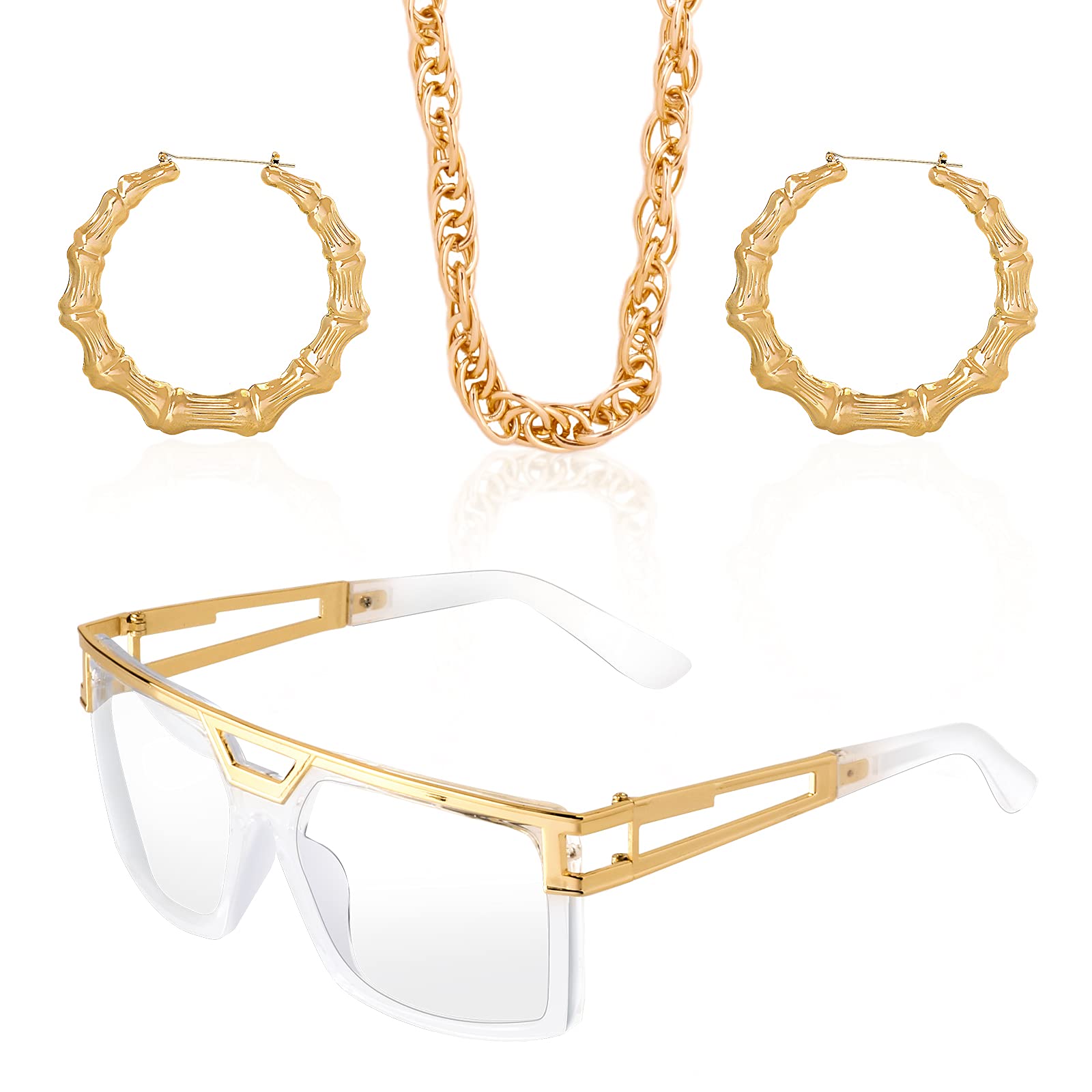 Yewong Women Hip Hop Costume Kit Old School DJ Sunglasses Gold Plated Chunky Rope Chain Bamboo Hoop Earrings 80s/90s Punk Hip Hop Rapper Style Accessories Set for Women Girls