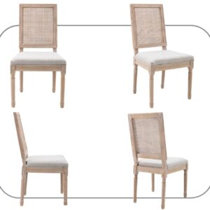 CIMOTA Farmhouse Dining Chairs Set of 2, French Rattan Dining Room Chairs with Rectangle Back/Distressed Wood Upholstered Vintage Side Chairs for Kitchen/Restaurant, Beige/2PCS