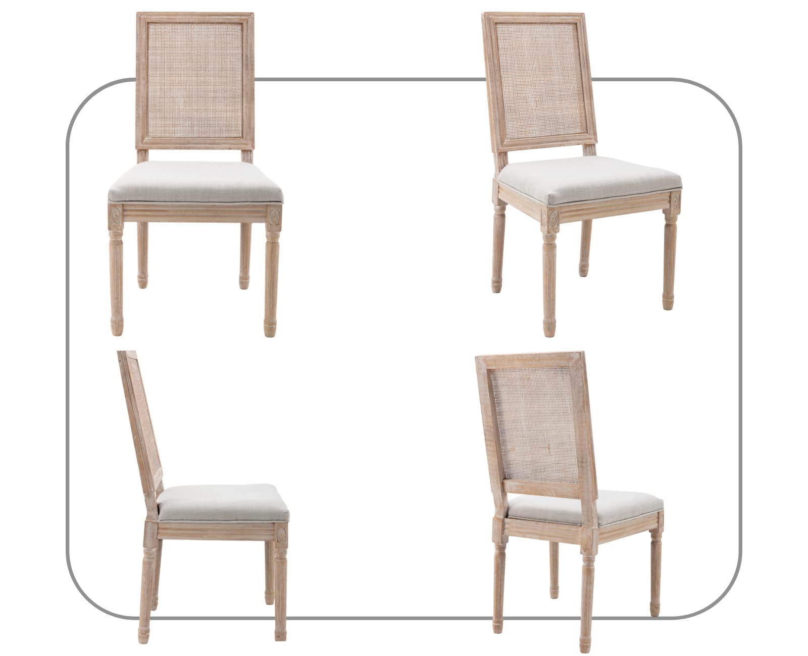 CIMOTA Farmhouse Dining Chairs Set of 2, French Rattan Dining Room Chairs with Rectangle Back/Distressed Wood Upholstered Vintage Side Chairs for Kitchen/Restaurant, Beige/2PCS