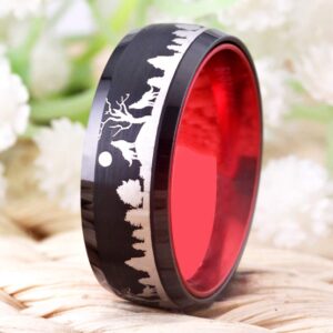 Howling Wolf Wolves Landscape Scene Tungsten Ring 8MM Width Matte Finished Beveled Edges Wedding Band -Free Customer Engraving (9.5)