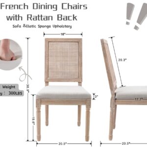 CIMOTA Farmhouse Dining Chairs Set of 2, French Rattan Dining Room Chairs with Rectangle Back/Distressed Wood Upholstered Vintage Side Chairs for Kitchen/Restaurant, Beige/2PCS