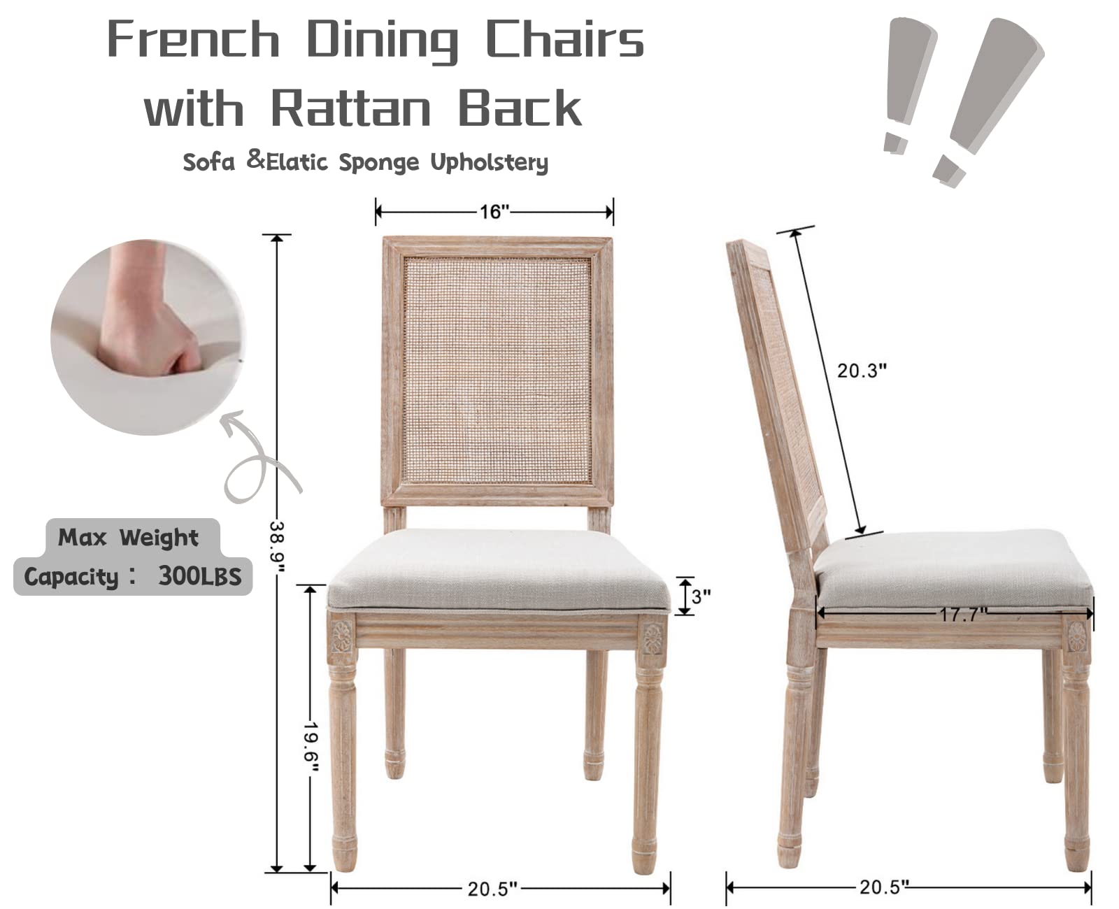 CIMOTA Farmhouse Dining Chairs Set of 2, French Rattan Dining Room Chairs with Rectangle Back/Distressed Wood Upholstered Vintage Side Chairs for Kitchen/Restaurant, Beige/2PCS