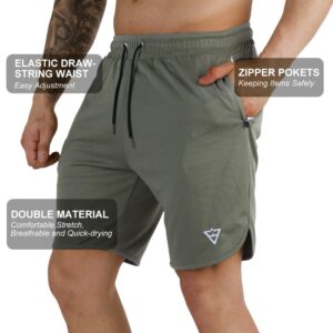 Wangdo Men's Workout Shorts 7" Running Gym Athletic Bike Shorts with Zipper Pocket(Black+Green-M)