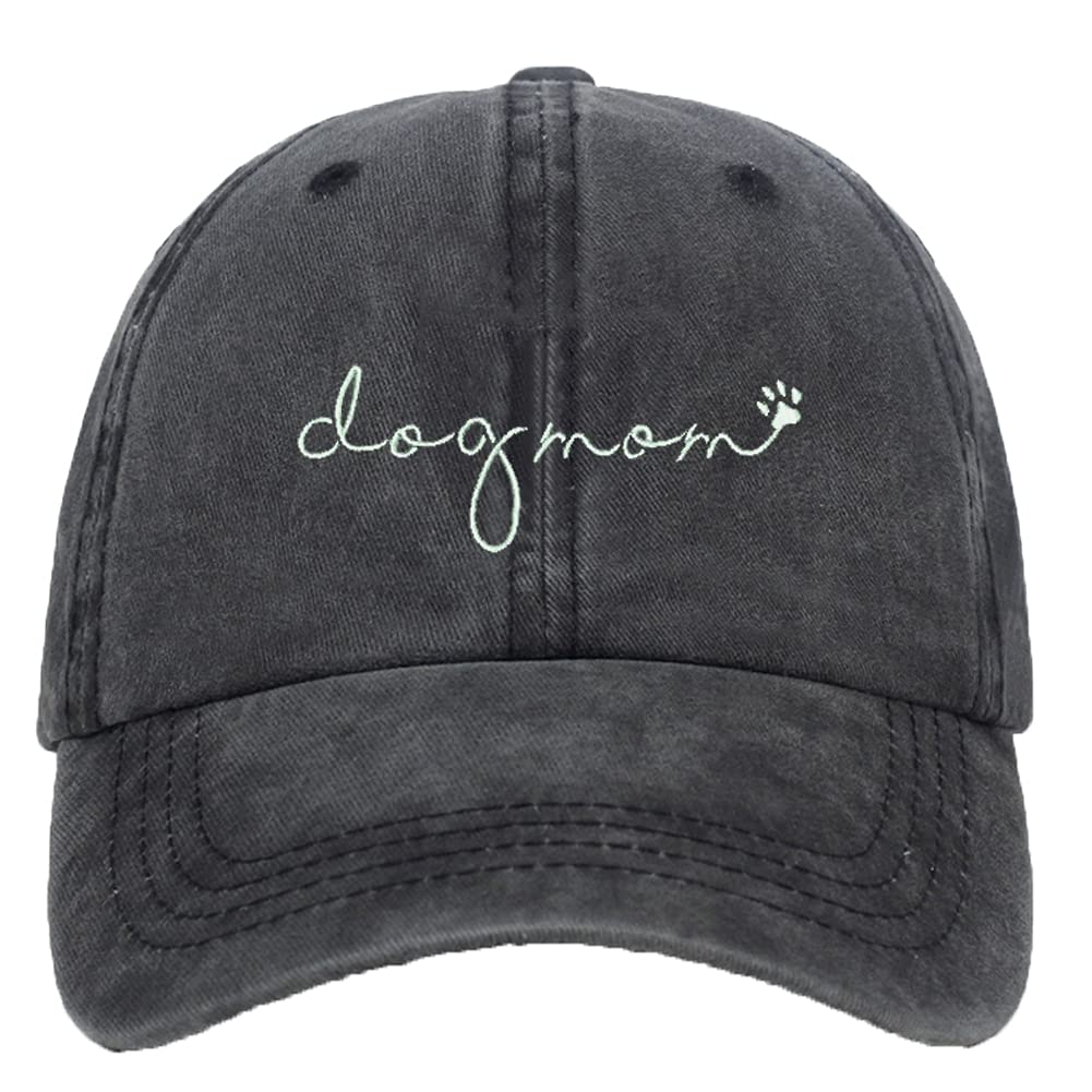 Dog Mom Baseball Cap Vintage Washed Distressed Adjustable Dad Hat (Black 1)