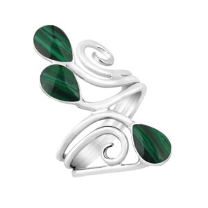 Floral Vine Ornate Teardrop Green Malachite Sterling Silver Ring (10)