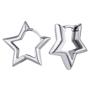 star hoop earrings small,19mm platinum plated silver thick hoop cartilage endless tiny star huggie hugger earrings geometric jewelry