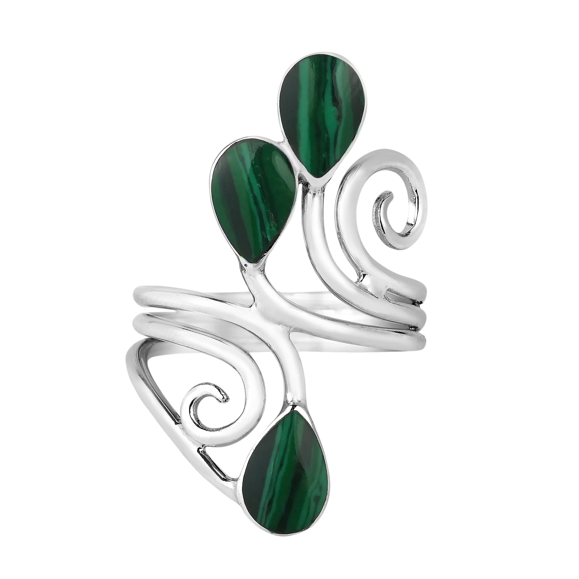 Floral Vine Ornate Teardrop Green Malachite Sterling Silver Ring (10)