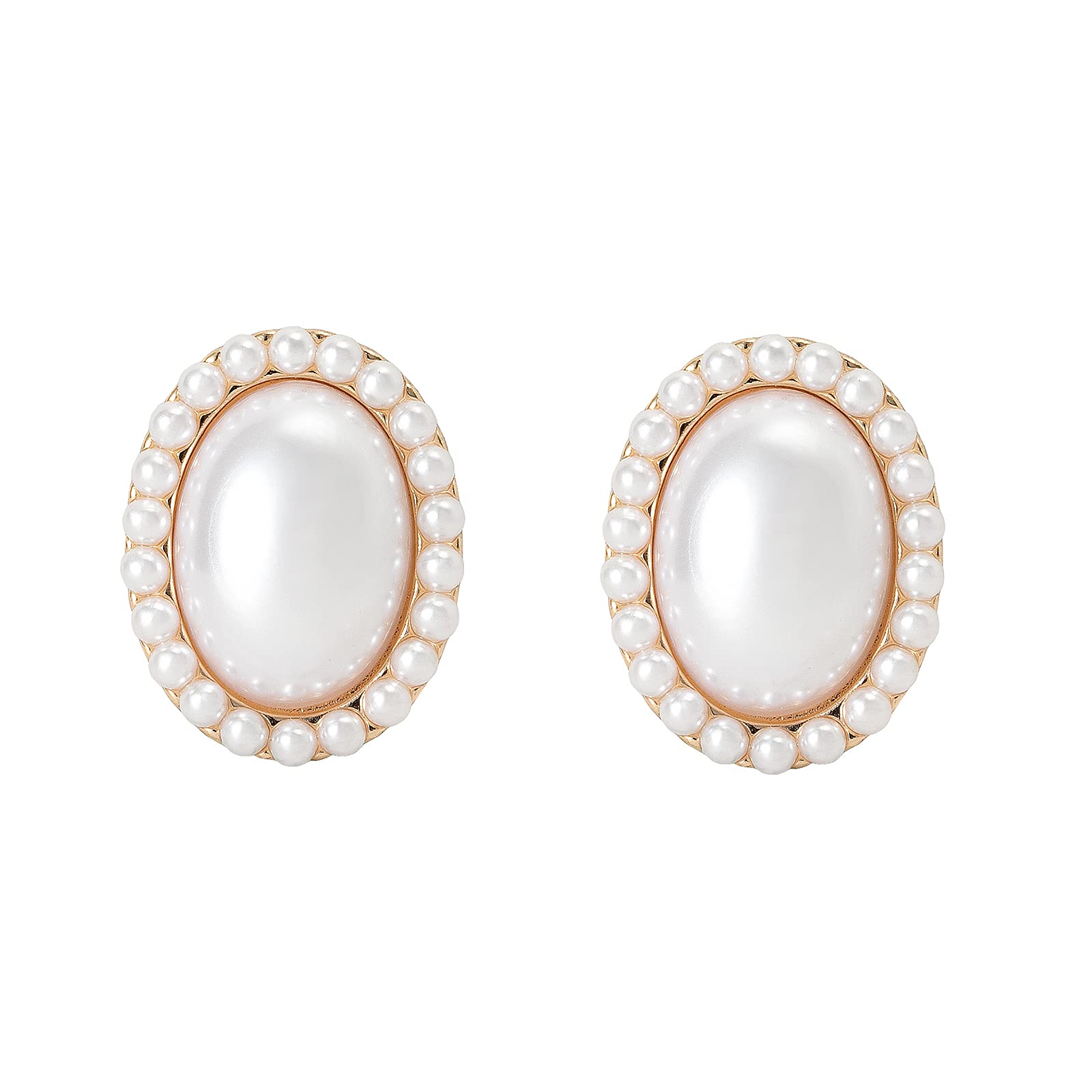 Pearl Clip on Earrings for Women Non Pierced 14K Gold Plated Oval Earrings (White)