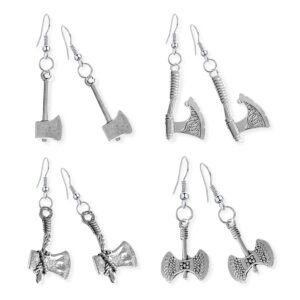 WUWEIJIAJIA 4 Pairs Unique Gothic Vintage Silver Axe Dangle Drop Earrings Sets for Women Statement (Silver)