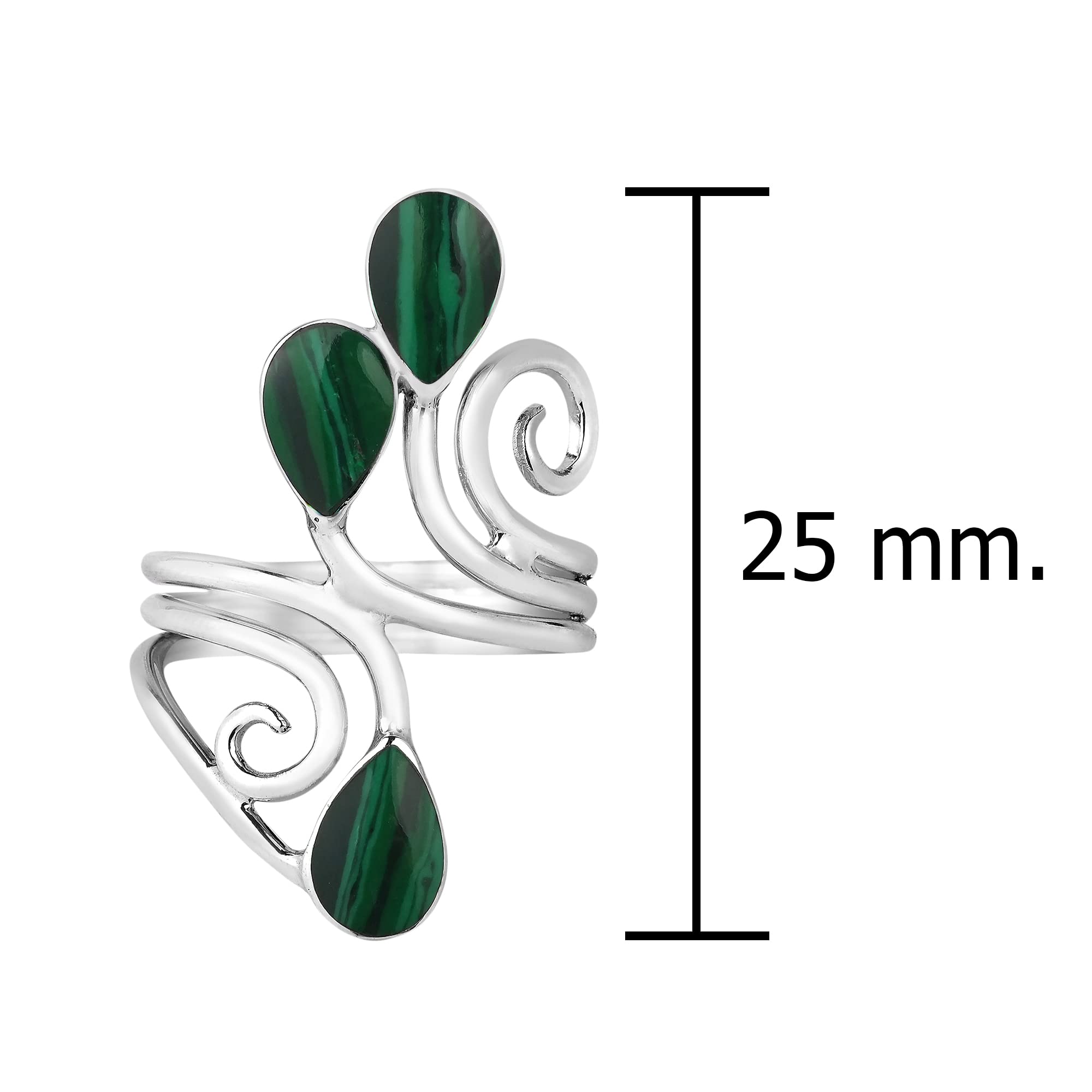 Floral Vine Ornate Teardrop Green Malachite Sterling Silver Ring (10)