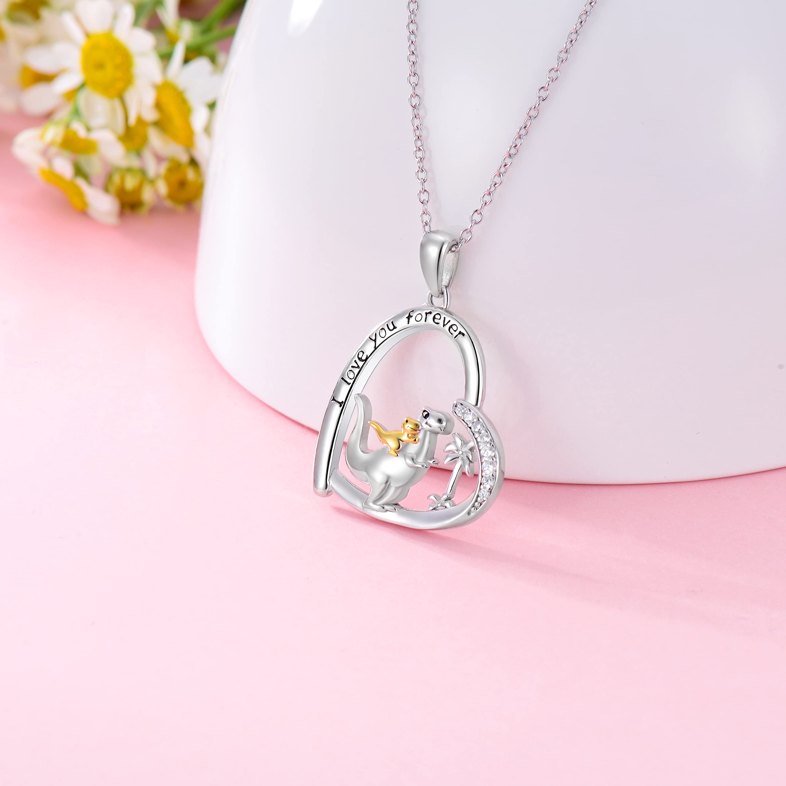 MEIDERBO Dinosaur Necklace 925 Sterling Silver I Love You Forever Dino Heart Pendant Necklace Dinosaur Jewelry Gifts for Women Mom Daughter