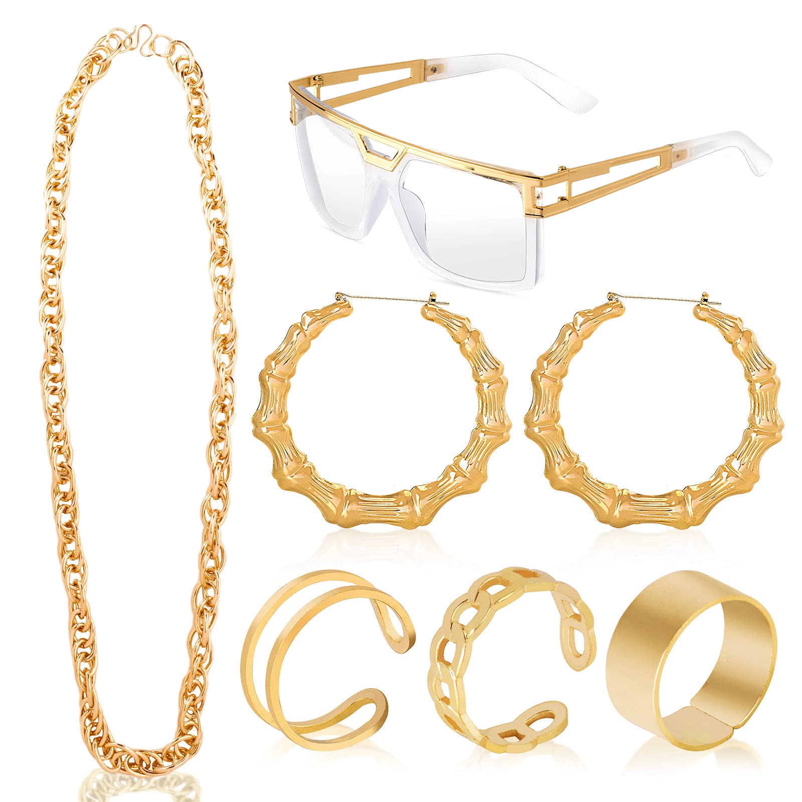 Yewong Women Hip Hop Costume Kit Old School DJ Sunglasses Gold Plated Chunky Rope Chain Bamboo Hoop Earrings 80s/90s Punk Hip Hop Rapper Style Accessories Set for Women Girls