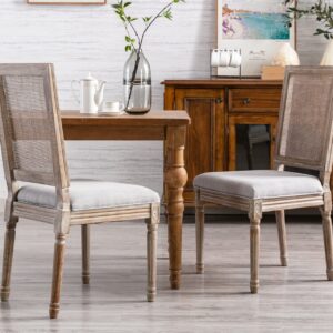 CIMOTA Farmhouse Dining Chairs Set of 2, French Rattan Dining Room Chairs with Rectangle Back/Distressed Wood Upholstered Vintage Side Chairs for Kitchen/Restaurant, Beige/2PCS