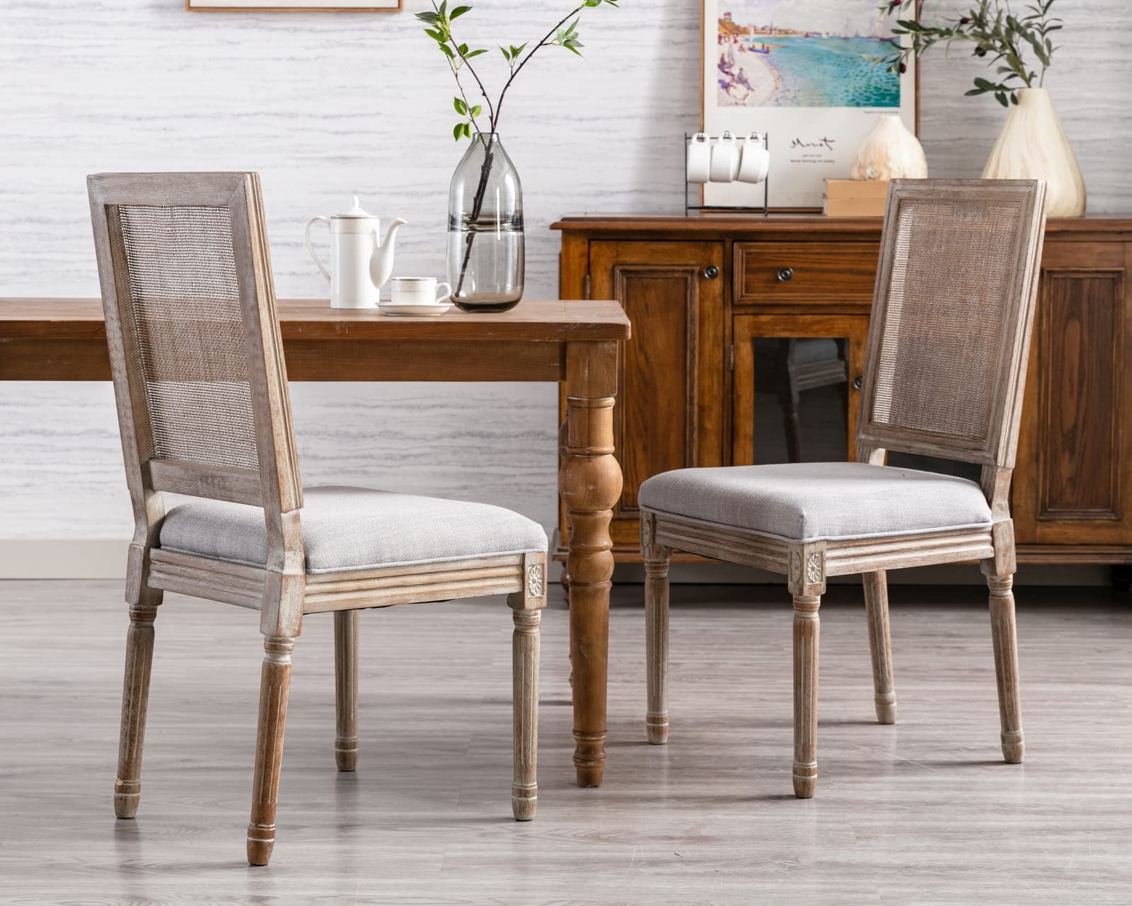 CIMOTA Farmhouse Dining Chairs Set of 2, French Rattan Dining Room Chairs with Rectangle Back/Distressed Wood Upholstered Vintage Side Chairs for Kitchen/Restaurant, Beige/2PCS