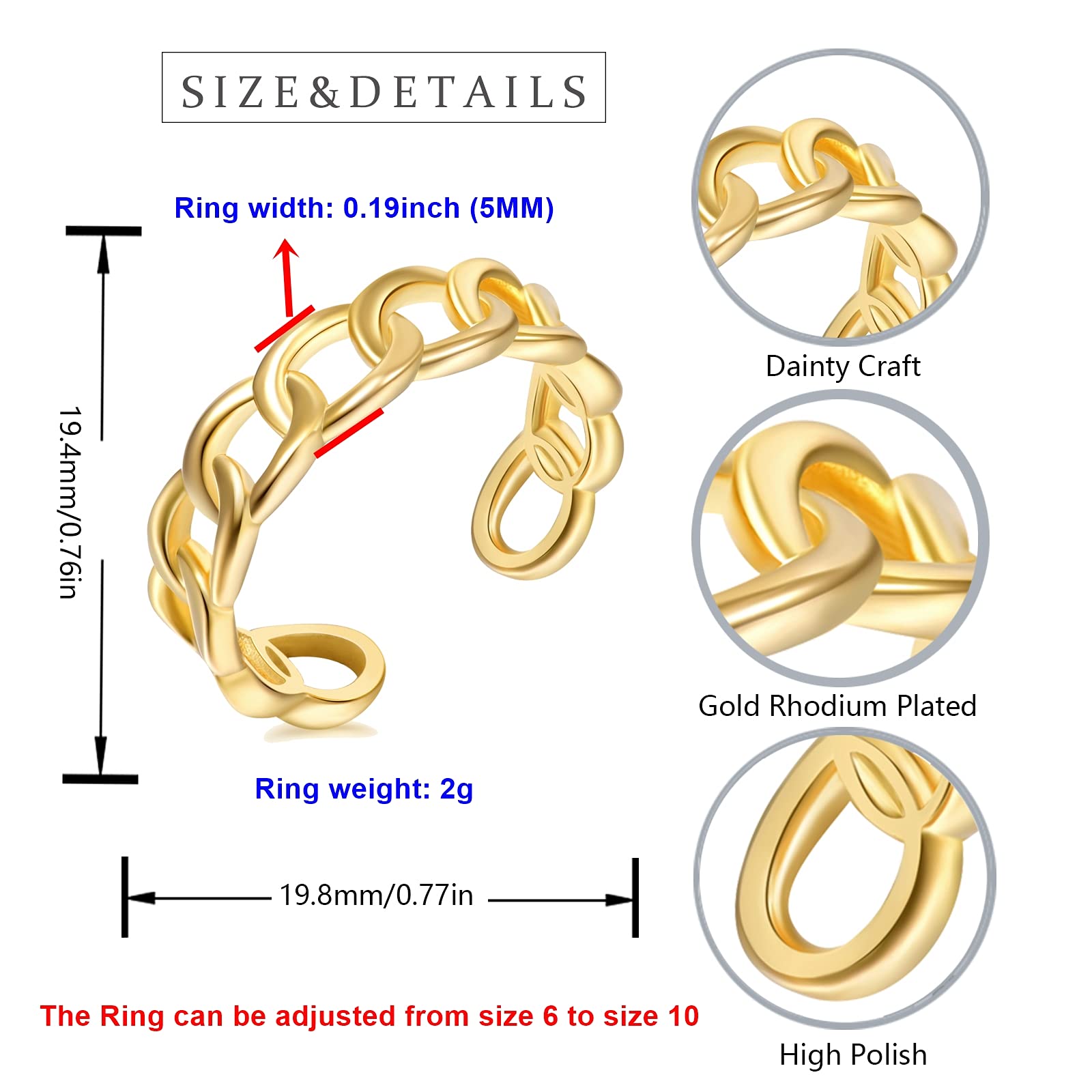 YKYLHSYXR Chain Link Rings,Trendy Cuban Link Ring, Minimalist Figaro Link Ring, Personality Anchor Link Ring, Open Adjustable Size with Jewelry Box for Women Men