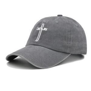 Christian Gifts for Men Women, Cross Jesus Hat, Washed Vintage Embroidered Baseball Cap Gray