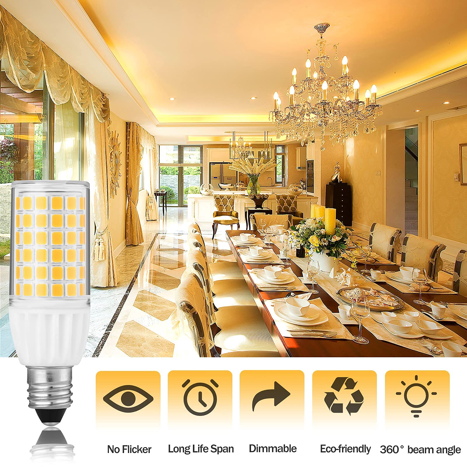 2-Pack T4 JD 5W E11 LED Bulbs Dimmable,/No Flicker CRI 85+, UL Certification / Mini-Candelabra Base Light Bulb/ for Ceiling Fans, Chandeliers,Pendants, Table Lamps, Cabinet Lighting (Daylight White)