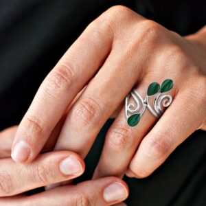 Floral Vine Ornate Teardrop Green Malachite Sterling Silver Ring (10)