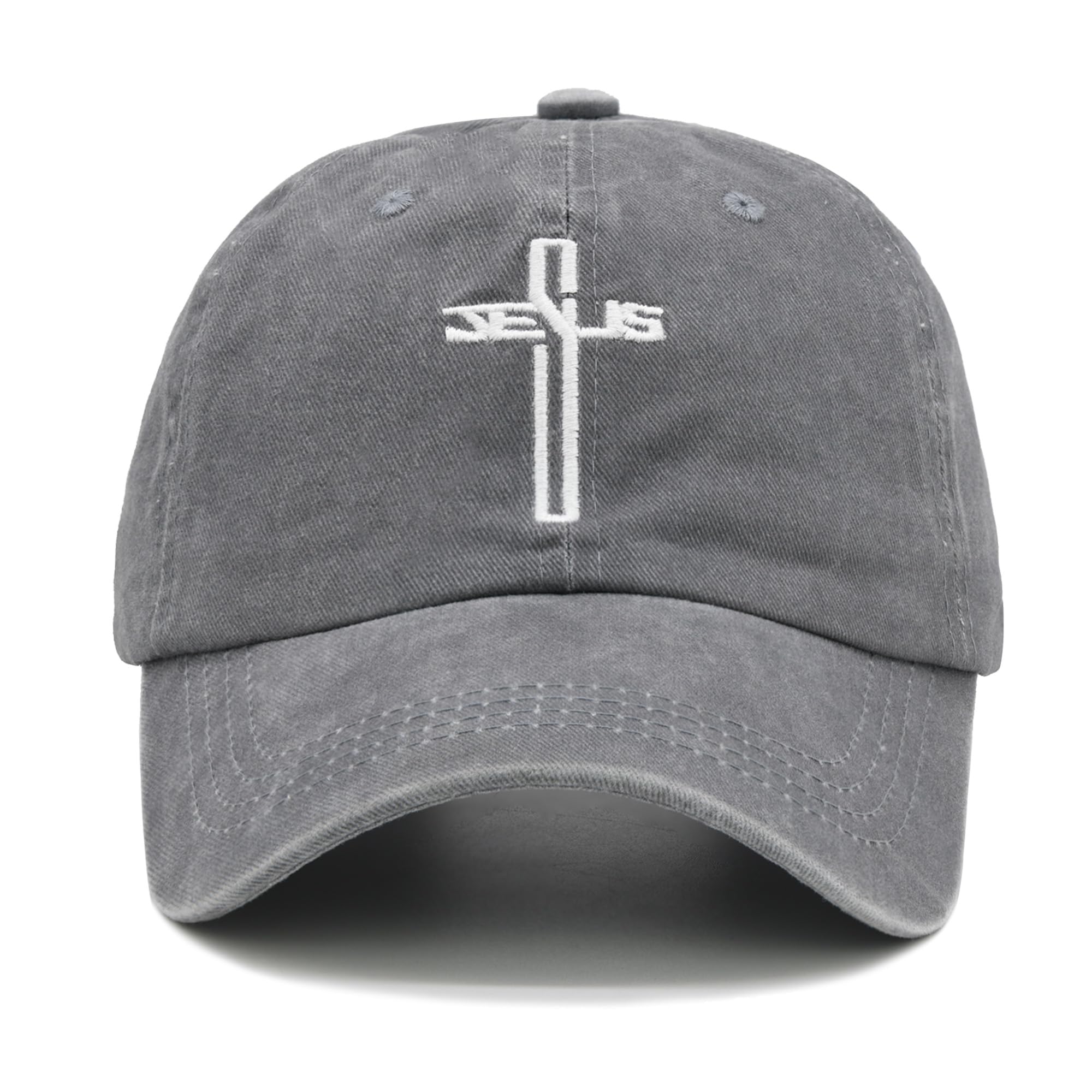 Christian Gifts for Men Women, Cross Jesus Hat, Washed Vintage Embroidered Baseball Cap Gray