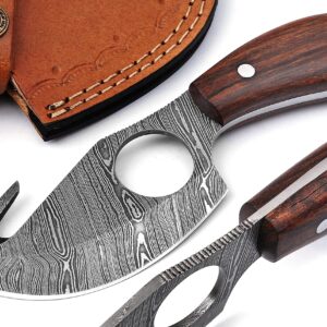 Bushcraft Handmade Damascus Steel Fixed Blade Skinning Hunting Knife With Gut Hook Best For Outdoor Camping Skinner Deer Fishing Hiking Edc Survival Knives For Men (Rose Wood)