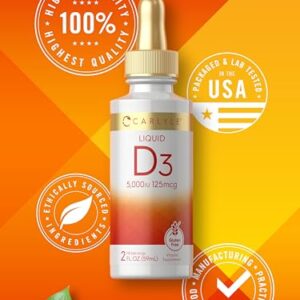 Carlyle Liquid Vitamin D3 | 5000 IU (125 mcg) | 2 oz | Vegetarian, Non-GMO, and Gluten Free Supplement | Vitamin D Liquid Drops for Adults