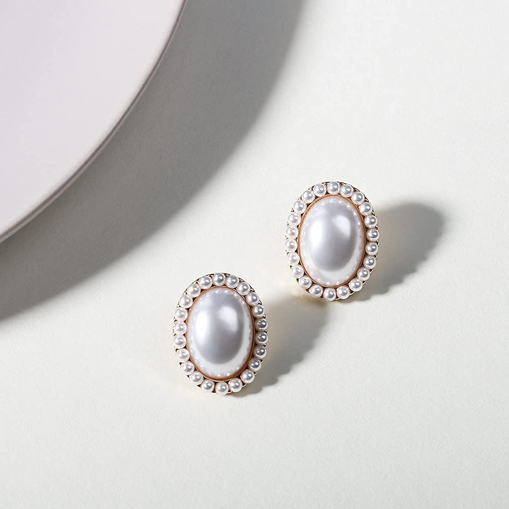 Pearl Clip on Earrings for Women Non Pierced 14K Gold Plated Oval Earrings (White)