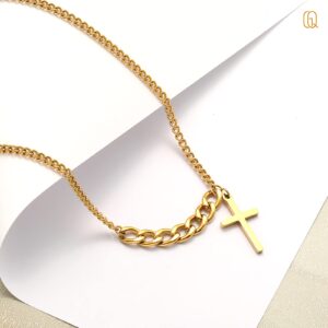 QGoliver Cross Necklace for Women Couple Necklaces Stainless Steel Curb Chain with Lord's Prayer Plain Cross Pendant Necklace for Men, Gold