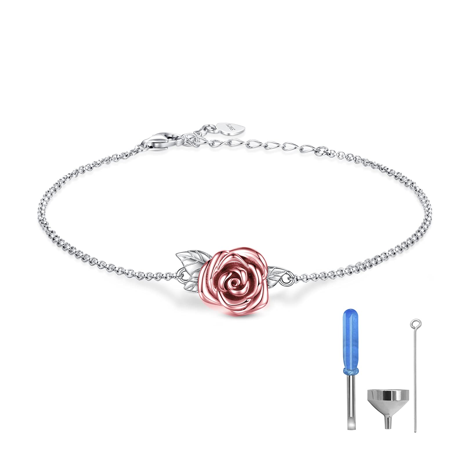 MANBU Rose Cremation Urn Jewelry for Ashes - 925 Sterling Silver Memorial Keepsake Ring Bracelet Necklace Gift for Women, Bereavement Gift for A Loss Of the Loved One (urn bracelet 2)