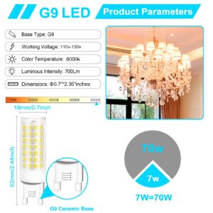 cartaoo G9 Led Bulbs, Dimmable Led Light Bulb(60W Halogen Equivalent),6000k Daylight White,120V No-Flicker Light, Chandelier Lighting Led Bulbs 700LM, pack of 2(daylight white)