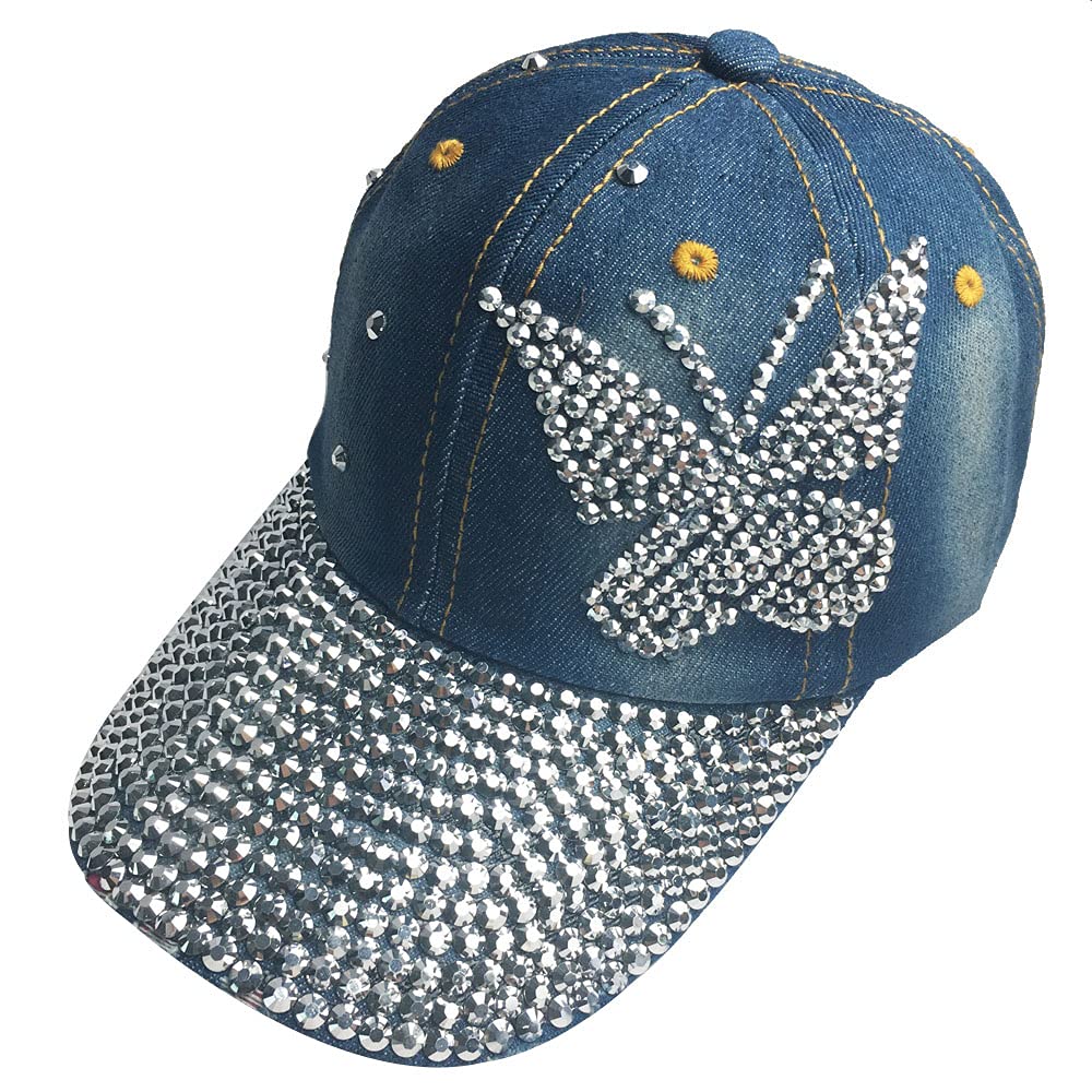 Kangqifen Women Rhinestone Pattern Distressed Denim Baseball Cap Sparkle Bling Hat Adjustable Butterfly