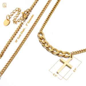 QGoliver Cross Necklace for Women Couple Necklaces Stainless Steel Curb Chain with Lord's Prayer Plain Cross Pendant Necklace for Men, Gold