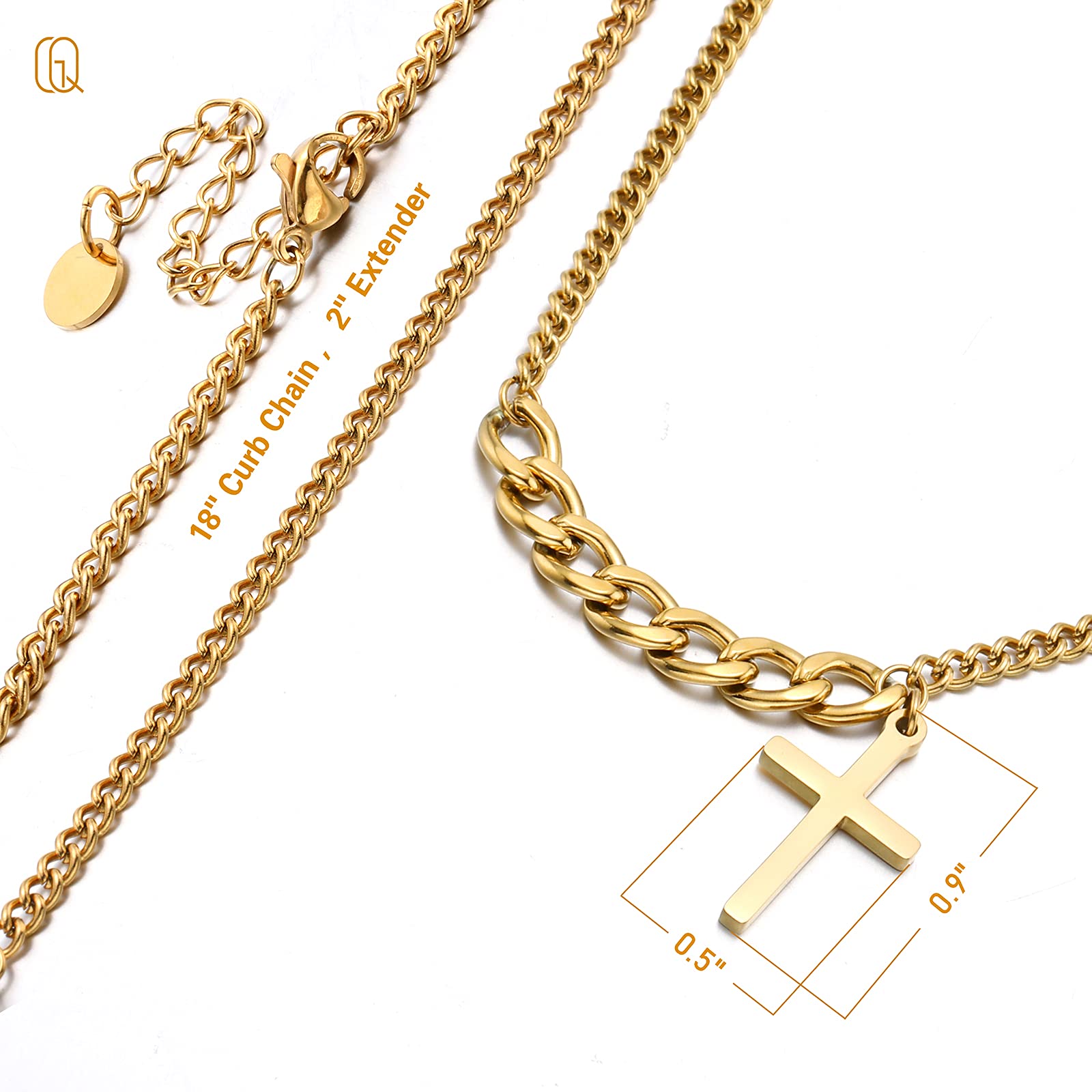 QGoliver Cross Necklace for Women Couple Necklaces Stainless Steel Curb Chain with Lord's Prayer Plain Cross Pendant Necklace for Men, Gold