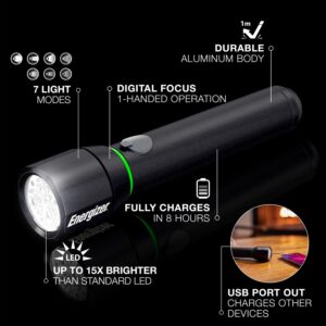 Energizer Vision HD Rechargeable LED Flashlight with Digital Focus, Water Resistant Emergency Flashlight for Camping Gear and Indoor-Use, Flash Light with USB Charging Cable Included, Pack of 1