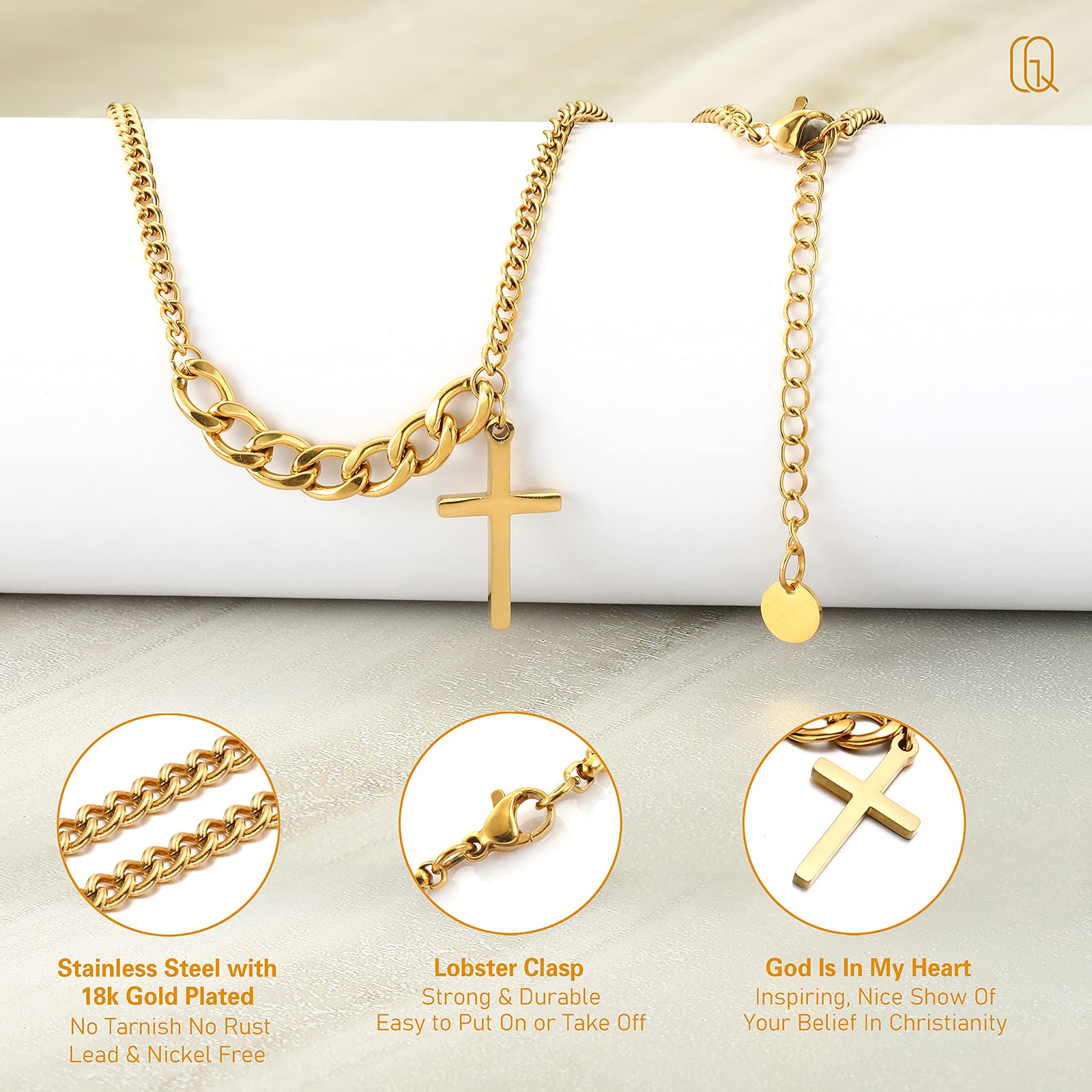 QGoliver Cross Necklace for Women Couple Necklaces Stainless Steel Curb Chain with Lord's Prayer Plain Cross Pendant Necklace for Men, Gold