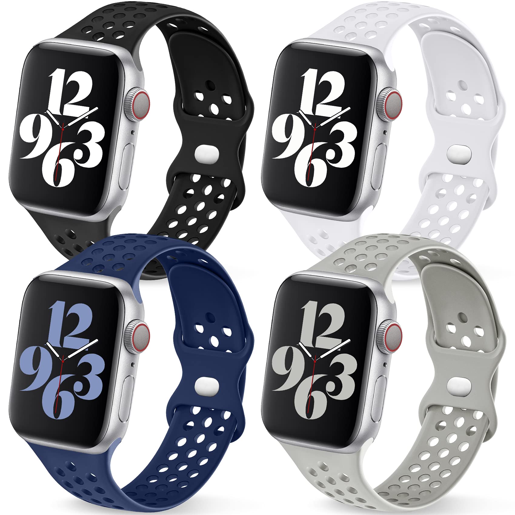 Getino Sport Bands Compatible with Apple Watch Band 40mm 41mm 38mm for Women Men, Cute Stylish Soft Slicone Sport Strap for iWatch SE Series 9 8 7 6 5 4 3 2 1, 4 Pack, Black/White/Dark Blue/Gray