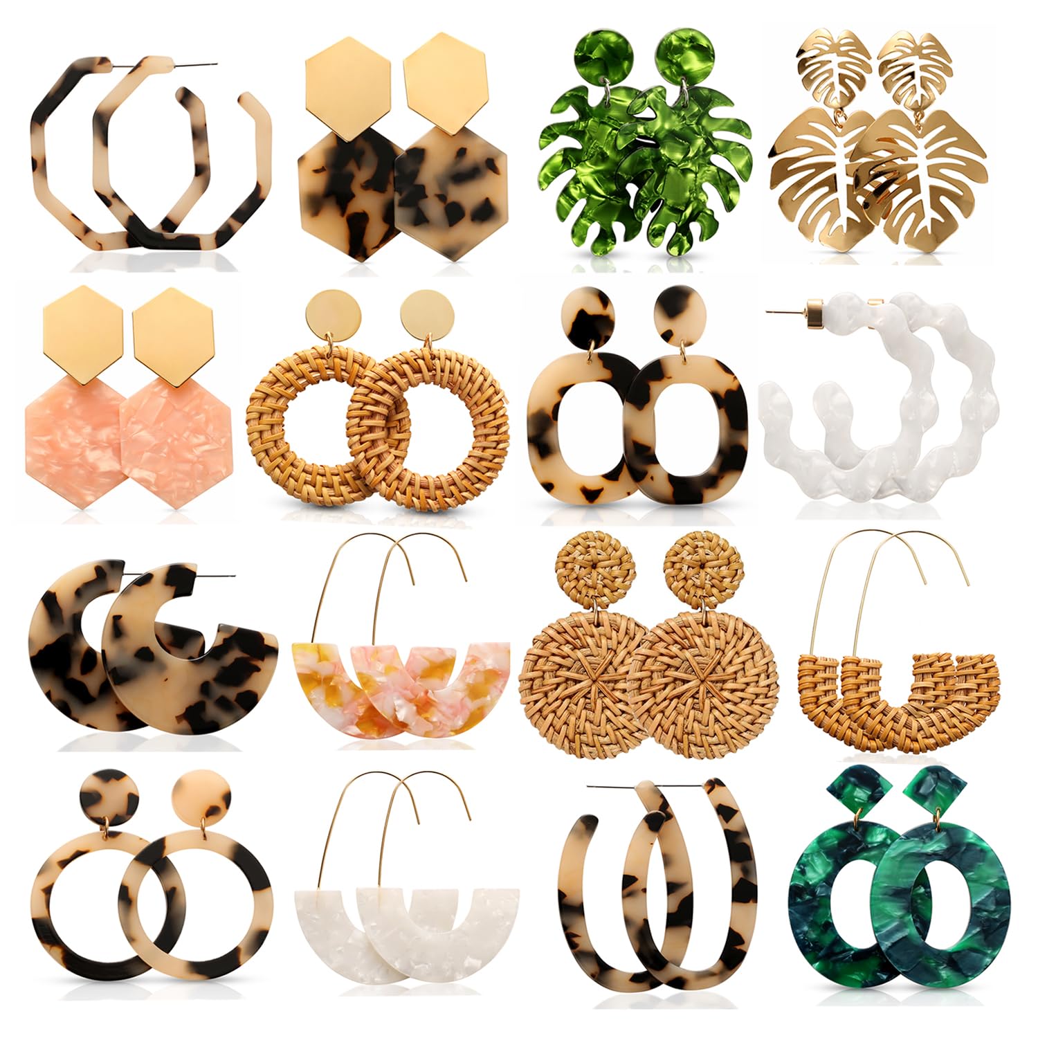 LANTAI 16 Pairs Trendy Acrylic Rattan Earrings for Women-Fashion Summer Beach Statement Earrings Resin Dangle Drop Earrings Vacation Jewelry