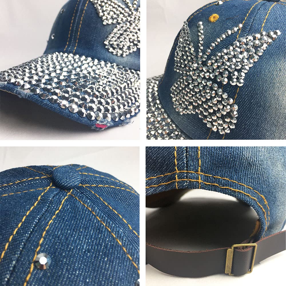 Kangqifen Women Rhinestone Pattern Distressed Denim Baseball Cap Sparkle Bling Hat Adjustable Butterfly