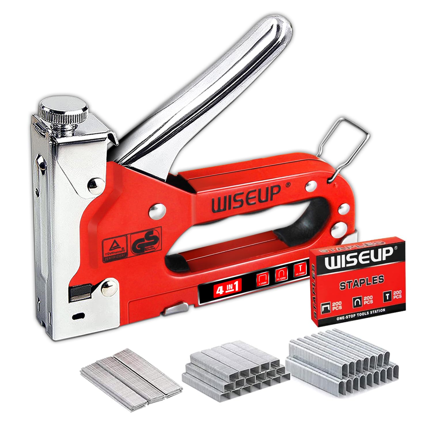 Upholstery Staple Gun for Wood Heavy Duty with Staples,4 in 1 Manual Power Adjustment Brad Nail Stapler Gun for Wood,Craft,Wire,Cable,Fabric,Furniture,DIY (4 in 1 Basic kit)