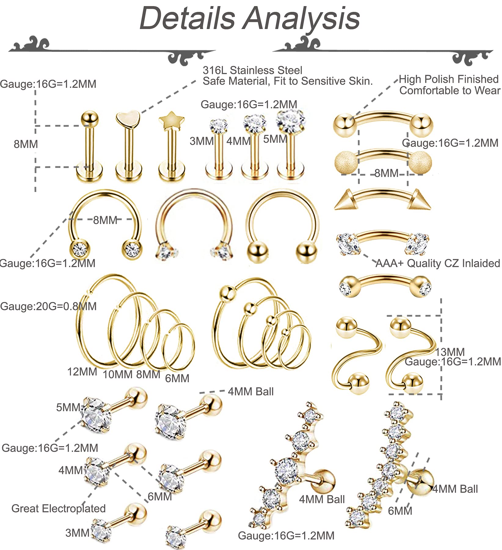 REVOLIA 32Pcs Stainless Steel Cartilage Stud Earrings for Women Conch Helix Tragus Daith Conch Hoop Earing Piercing Jewelry Set Gold